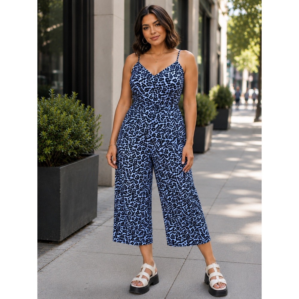 Banana Republic Womans 14 Jumpsuit Wide Leg Crop Blue Animal Print Belted V Neck